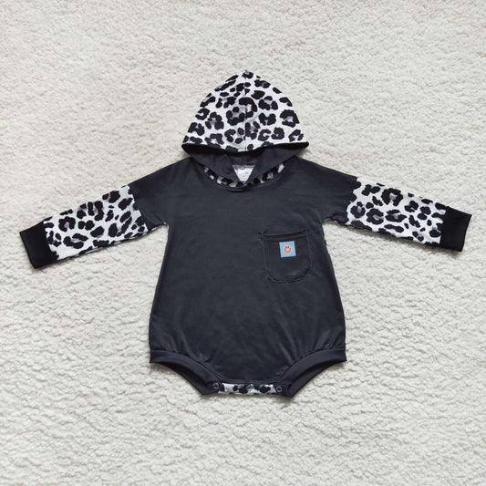 LR0594 Black leopard print baby hoodie romper