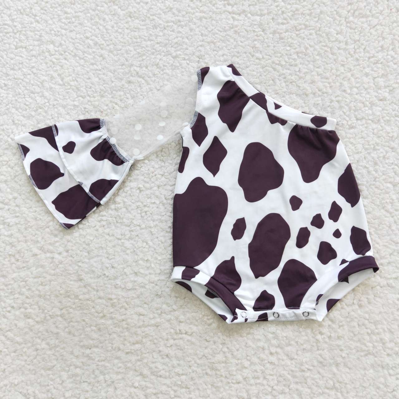 LR0601 Cow print one shoulder tulle baby girls romper