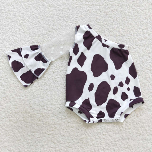 LR0601 Cow print one shoulder tulle baby girls romper