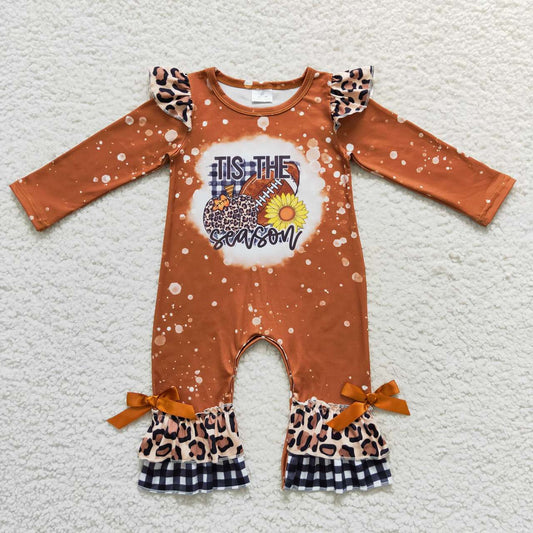 LR0611 It's the season football and pumpkin print baby girls romper