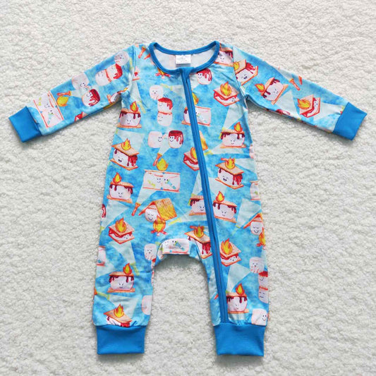 LR0617 Blue Cookie Print Baby Boys Sleeper Zipper Romper