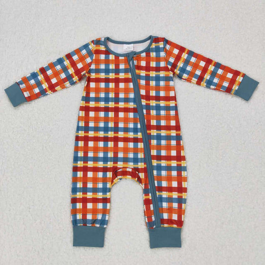 LR0622 Plaid print baby boys zipper sleeper romper