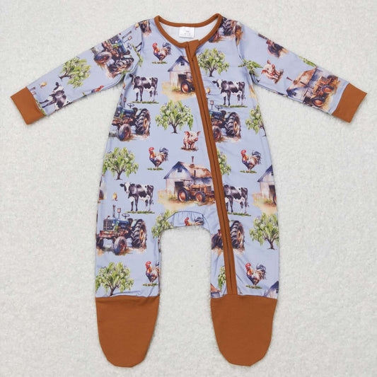 LR0632 Farm Animal Tractors Print Baby Boys Sleeper Footed Zipper Romper