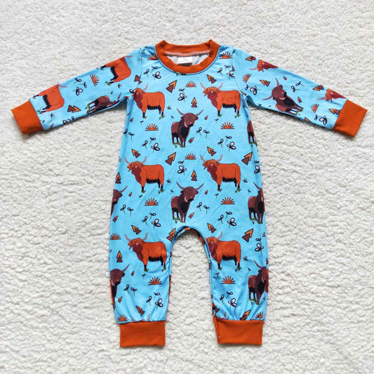 LR0635 Blue highland cow baby western romper