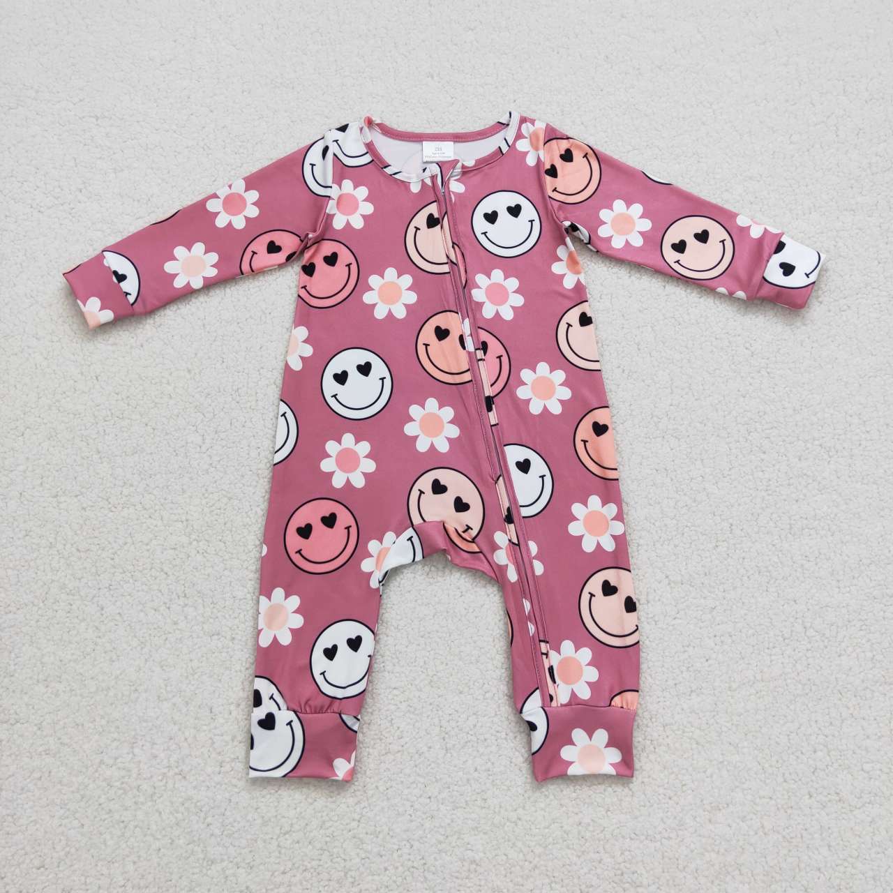 LR0649 Pink smiling face flowers print baby girls zipper romper