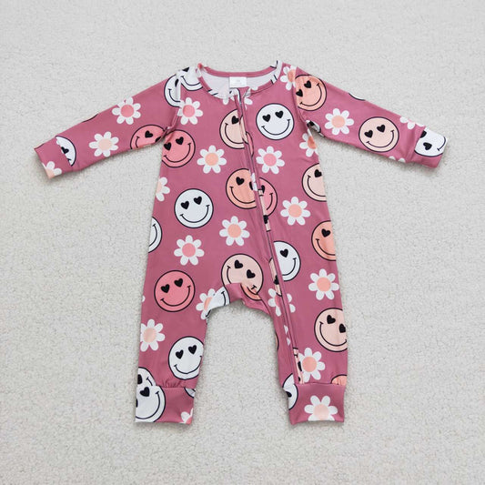 LR0649 Pink smiling face flowers print baby girls zipper romper