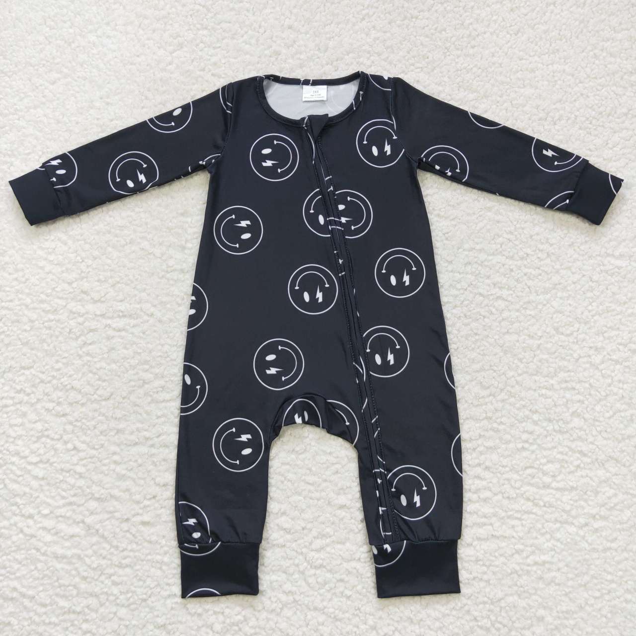LR0654 Black smiling face print baby zipper romper