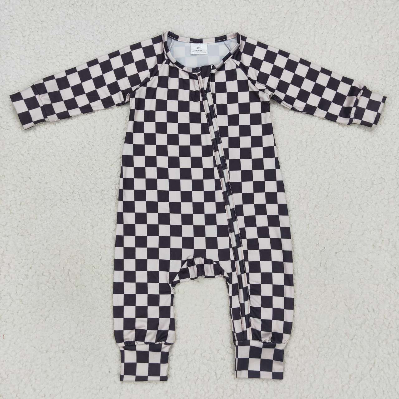 LR0655 Black plaid print baby zipper sleeper romper
