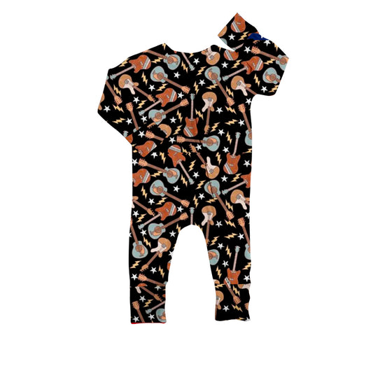 (Pre-order) LR0656 Black guitar print baby zipper romper