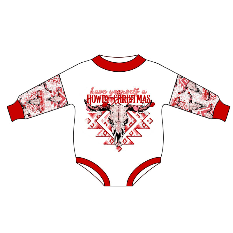 (Pre-order) LR0658 Red cow skull aztec print baby romper