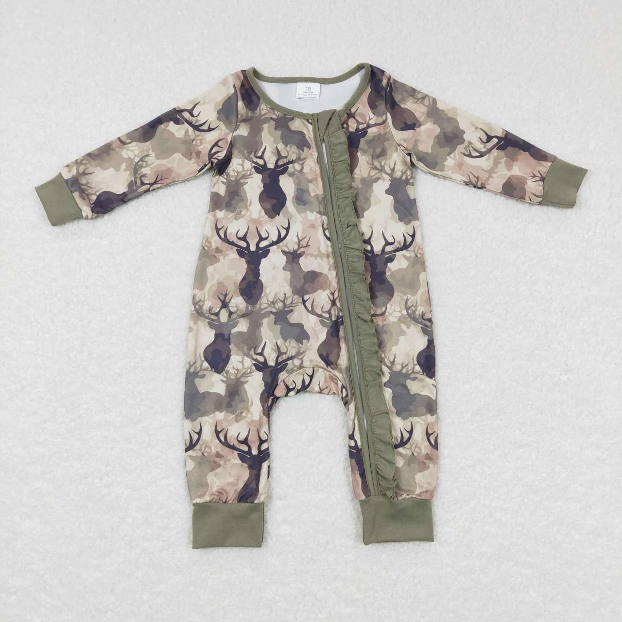 LR0661 Green Camo Deer Print Baby Girls Sleeper Zipper Romper