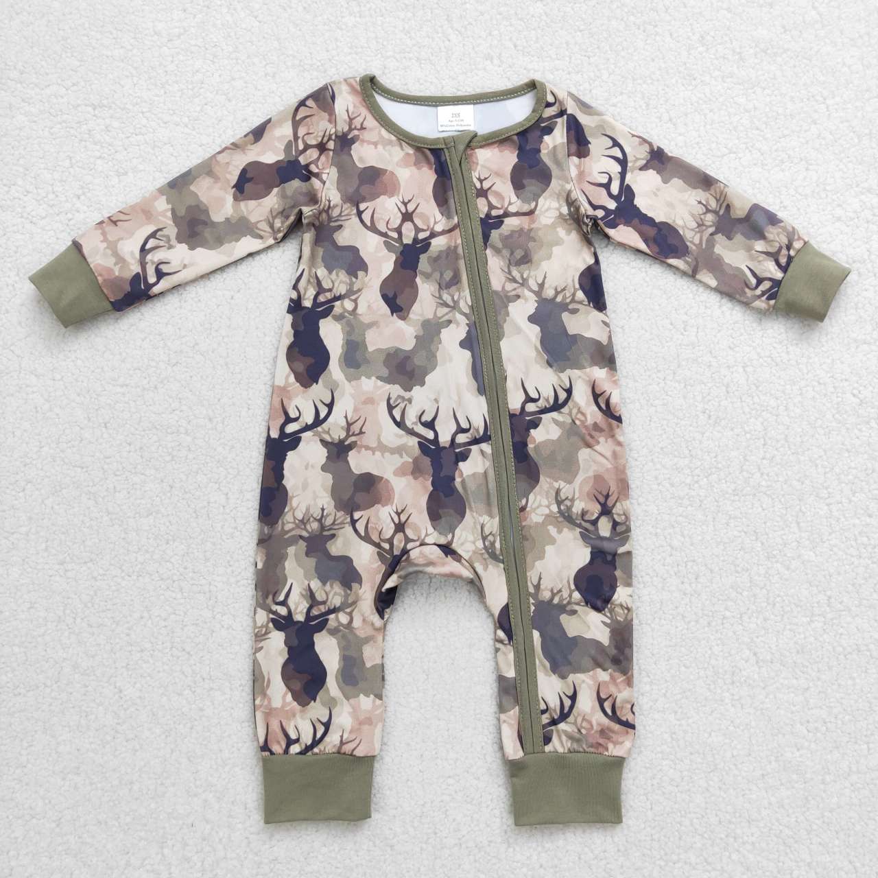 LR0662 Green camo deer print baby boys zipper romper