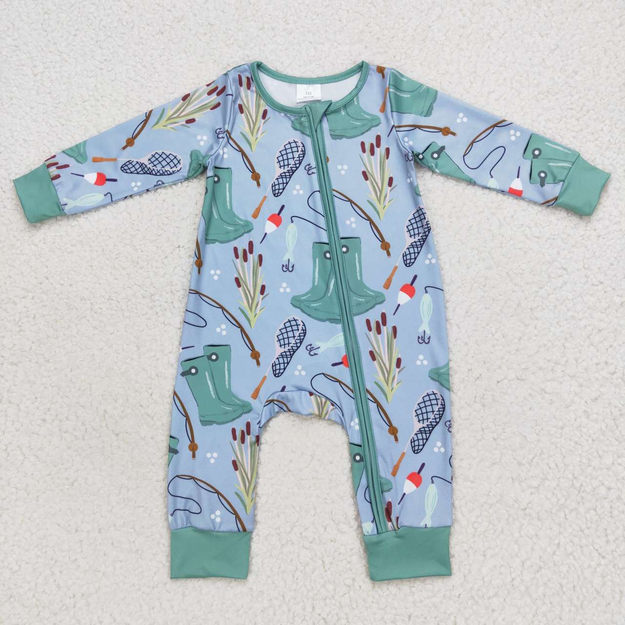 LR0664 Go fishing print baby boys zipper sleeper romper