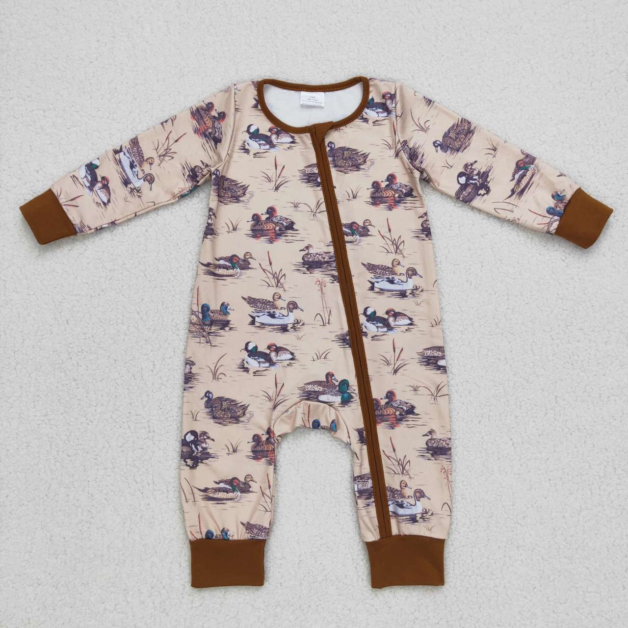 LR0667 Brown duck print baby zipper romper