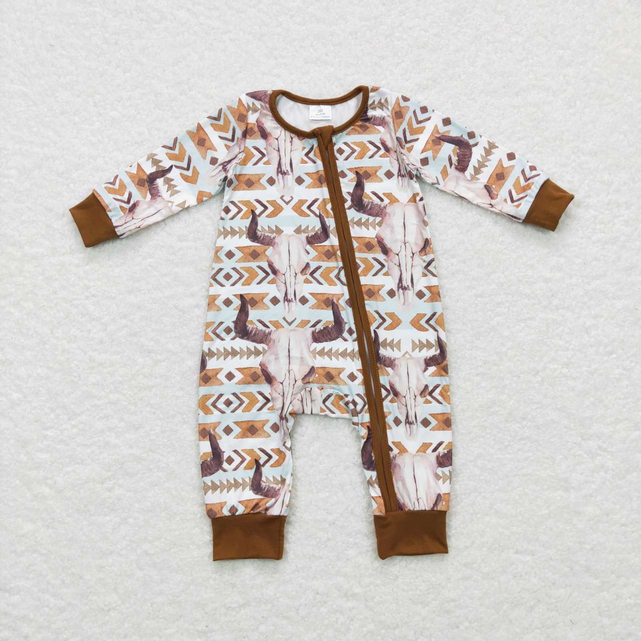 USA-Shop LR0674 Brown Cow Skull Aztec Print Baby Boys Sleeper Zipper Romper