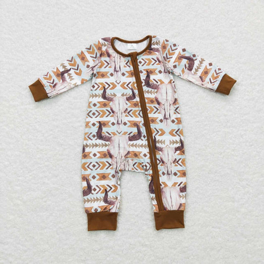 LR0674 Brown Cow Skull Aztec Print Baby Boys Sleeper Zipper Romper