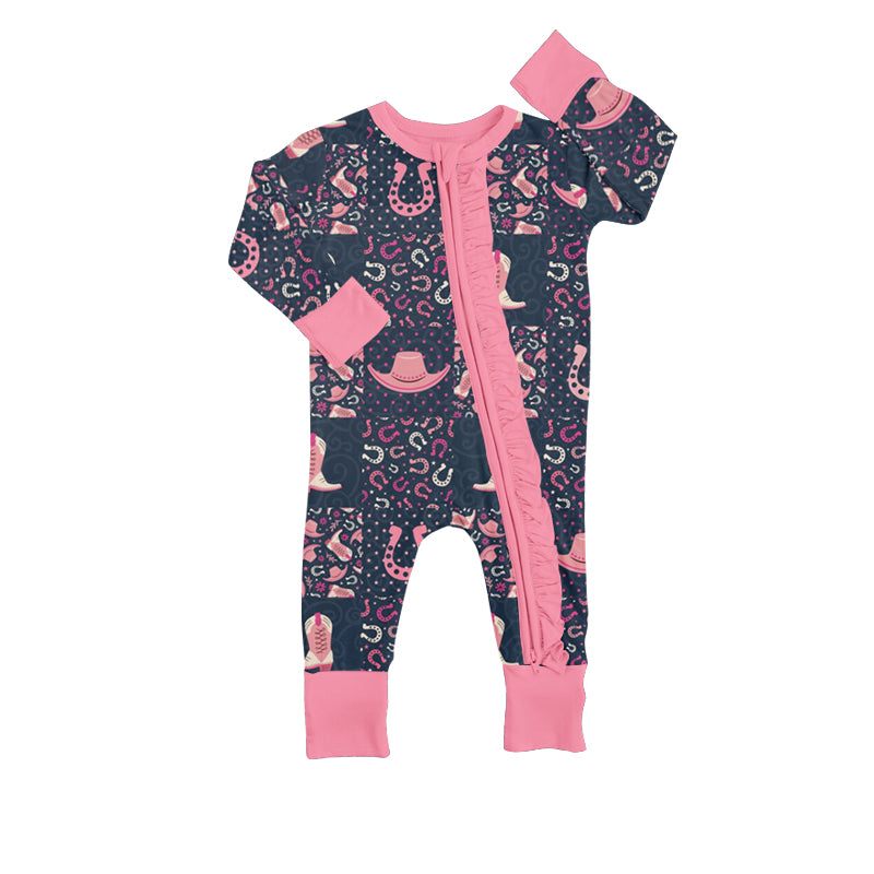 (Pre-order) LR0683 Pink boots hats print baby girls zip romper