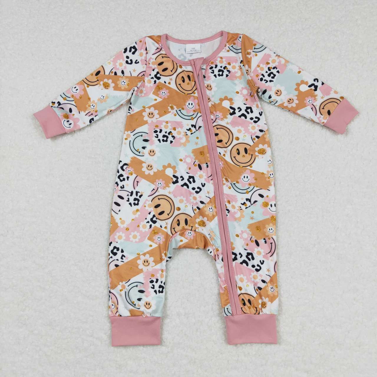 LR0684 Pink Flowers Smiling Face Print Baby Girls Sleeper Zipper Romper