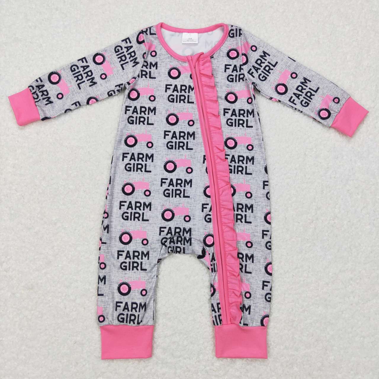 LR0687 Farm Girl Pink Tractors Print Baby Girls Sleeper Zipper Romper