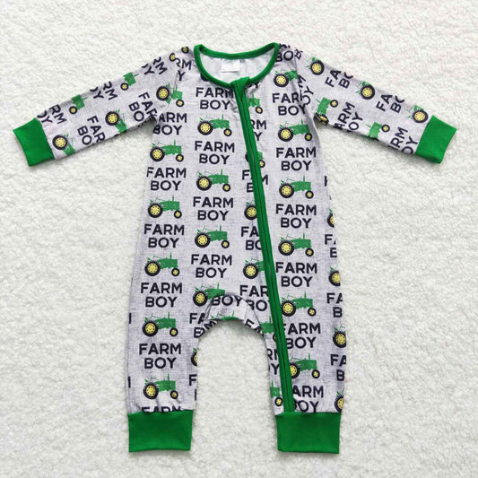 LR0688 Farm Boy Green Tractors Print Baby Boys Sleeper Zipper Romper