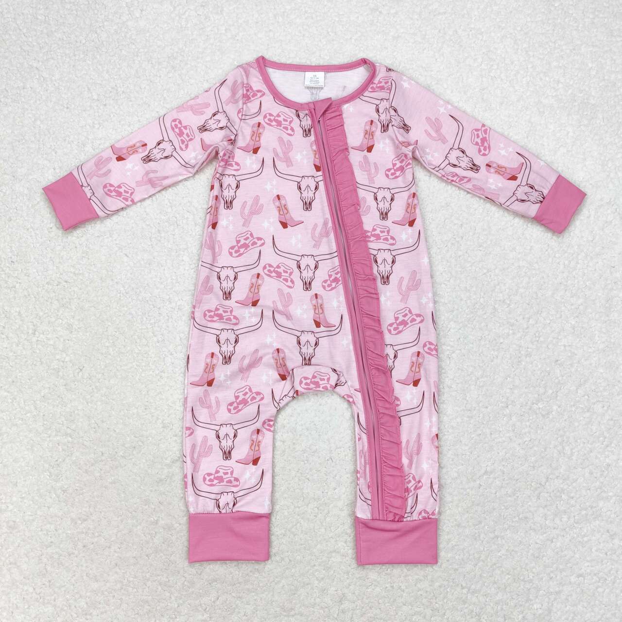 LR0689 Pink Cow Skull Boots Print Baby Girls Western Bamboo Sleeper Zipper Romper