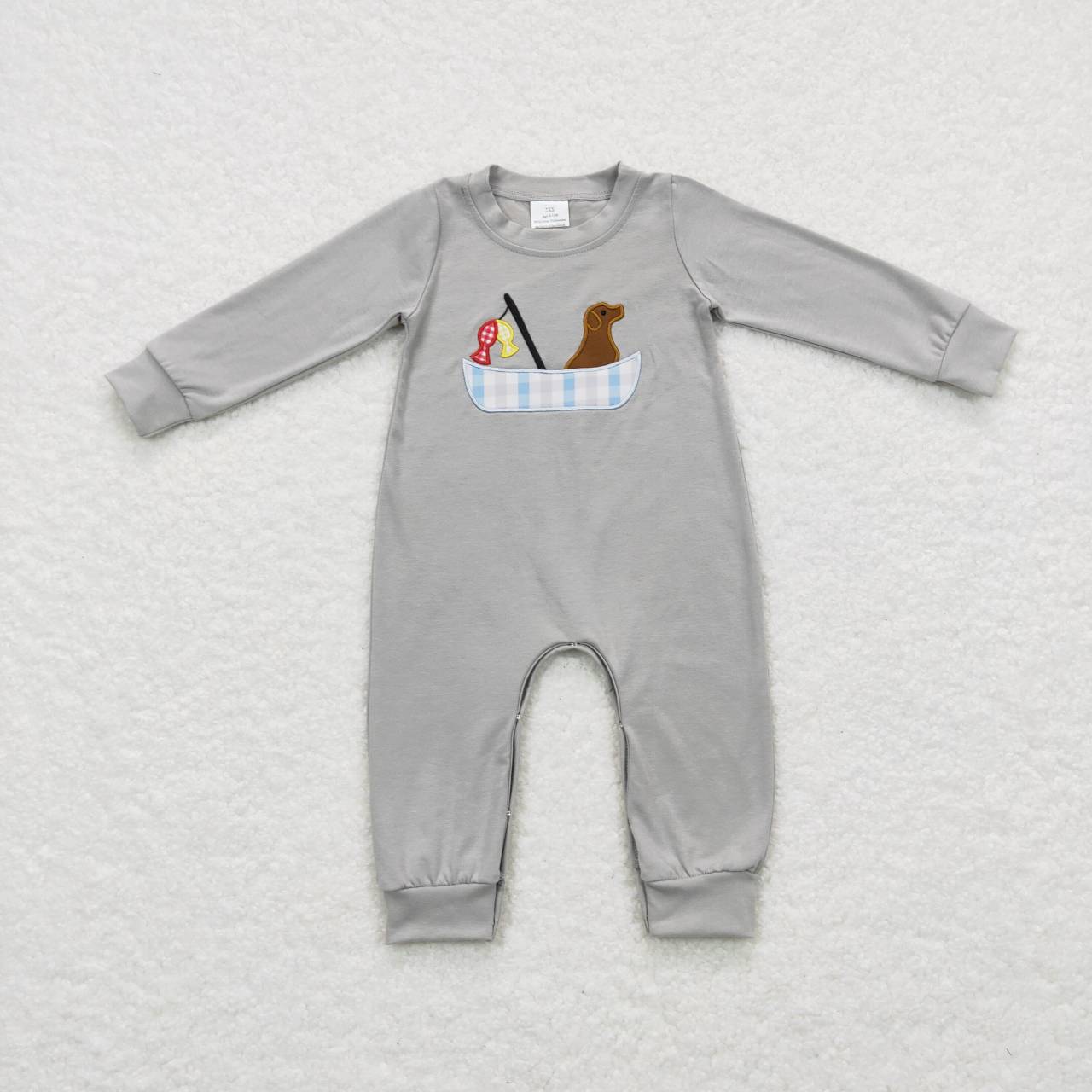 LR0690 Grey Dog Fish Boat Embroidery Print Baby Boys Romper