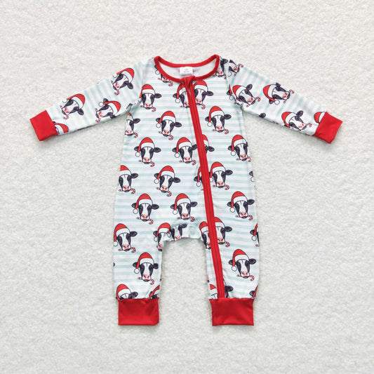 LR0700 Cow Print Baby Boys Christmas Zipper Romper