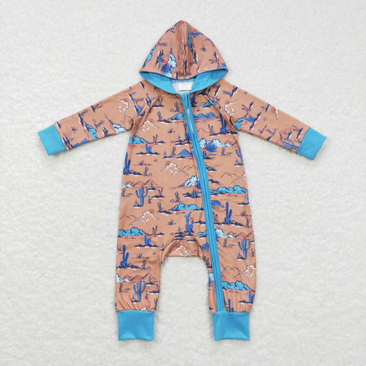 LR0702 Western Print Baby Boys Hoodie Zipper Romper