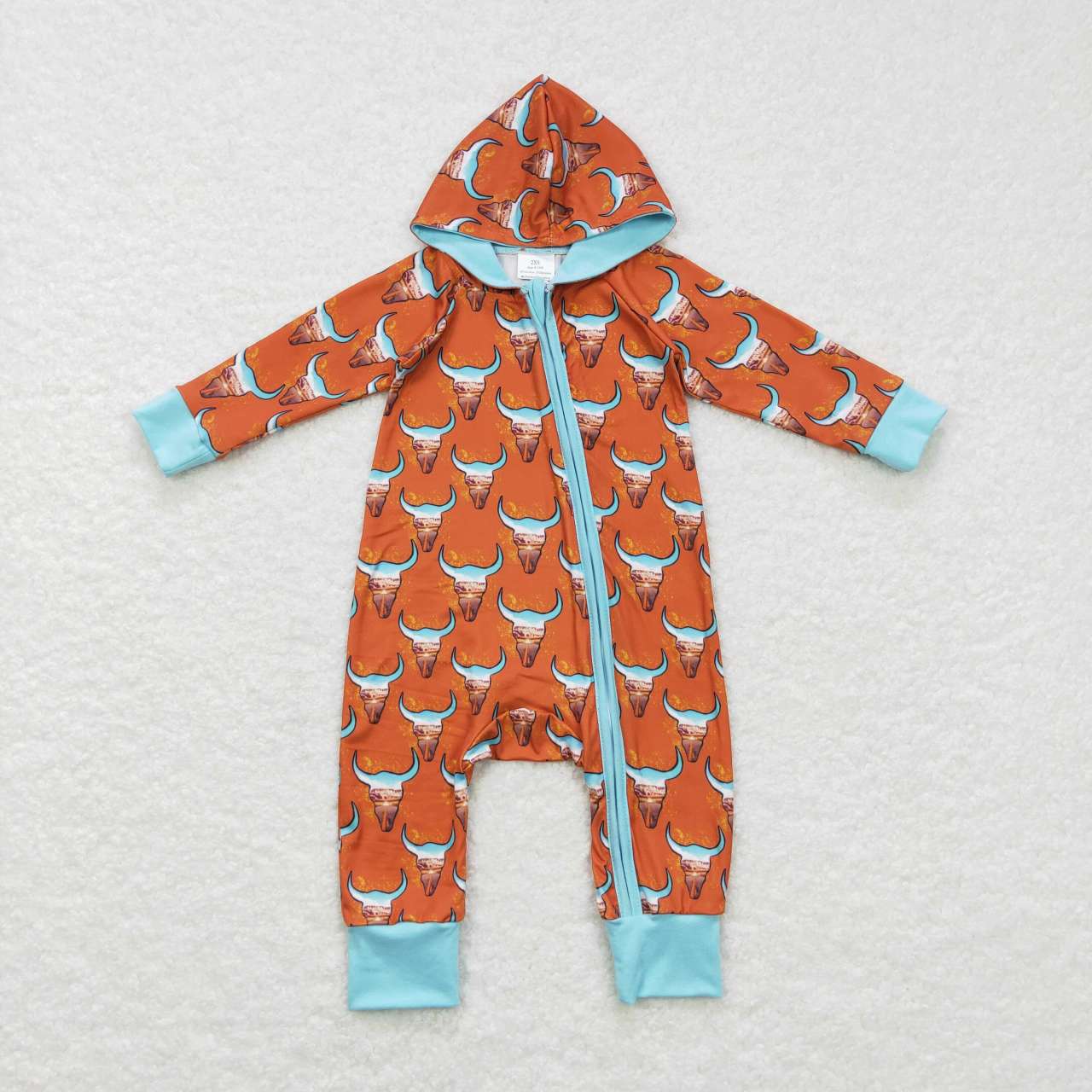 LR0703 Cow Skull Print Baby Boys Hoodie Zipper Western Romper