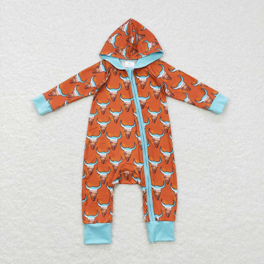 LR0703 Cow Skull Print Baby Boys Hoodie Zipper Western Romper