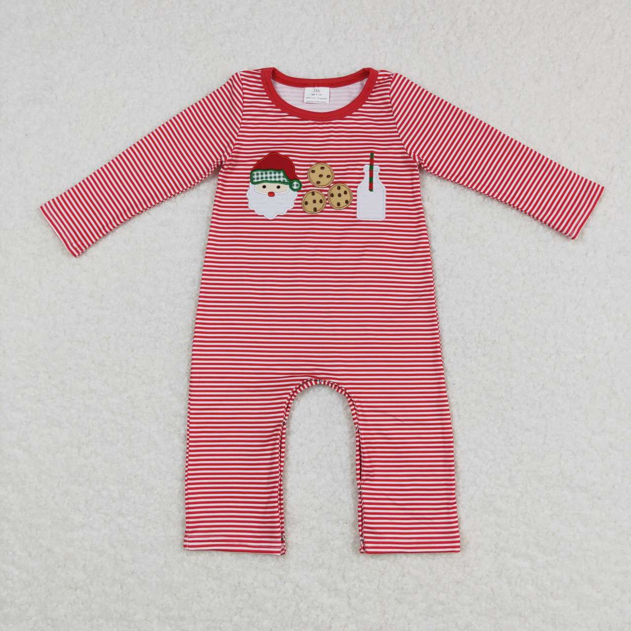 LR0707 Santa Cookie Milk Red Stripes Embroidery Print Baby Boys Christmas Romper