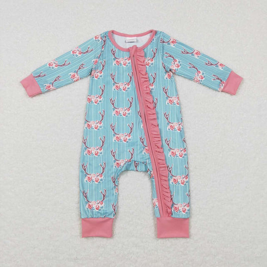 LR0712 Deer Horn Flowers Baby Girls Sleeper Zipper romper