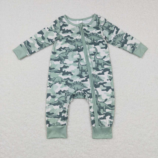 LR0718 Green Camo Dinosaur Print Baby Boys Sleeper Zipper Romper