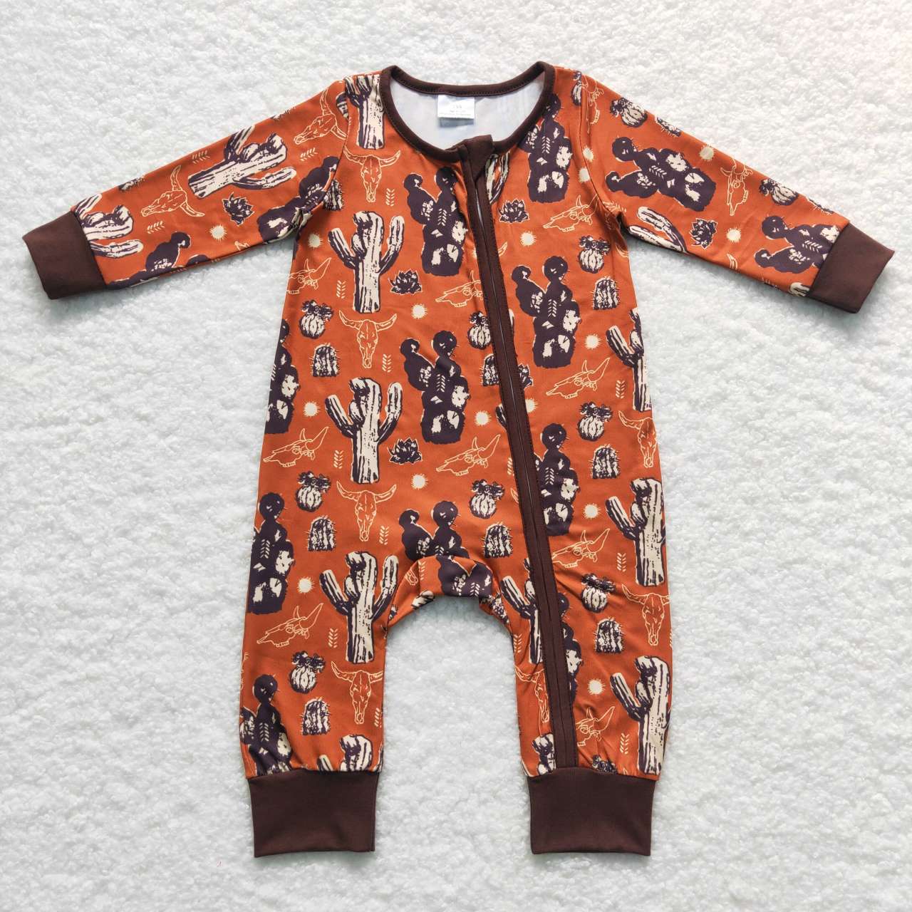 LR0726 Brown Cactus Print Baby Boys Sleeper Western Romper