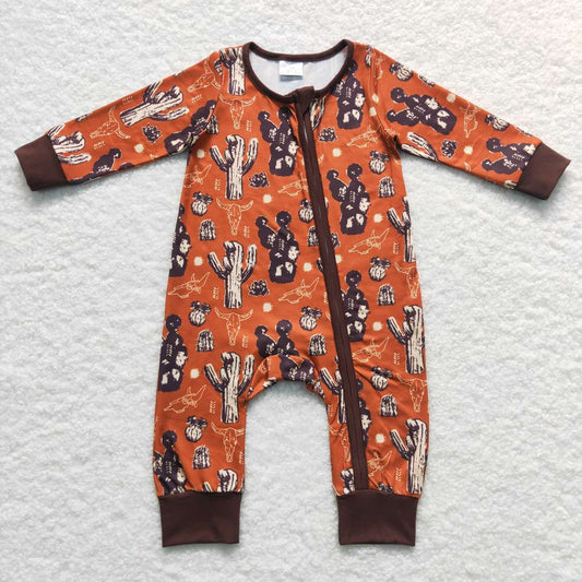 LR0726 Brown Cactus Print Baby Boys Sleeper Western Romper