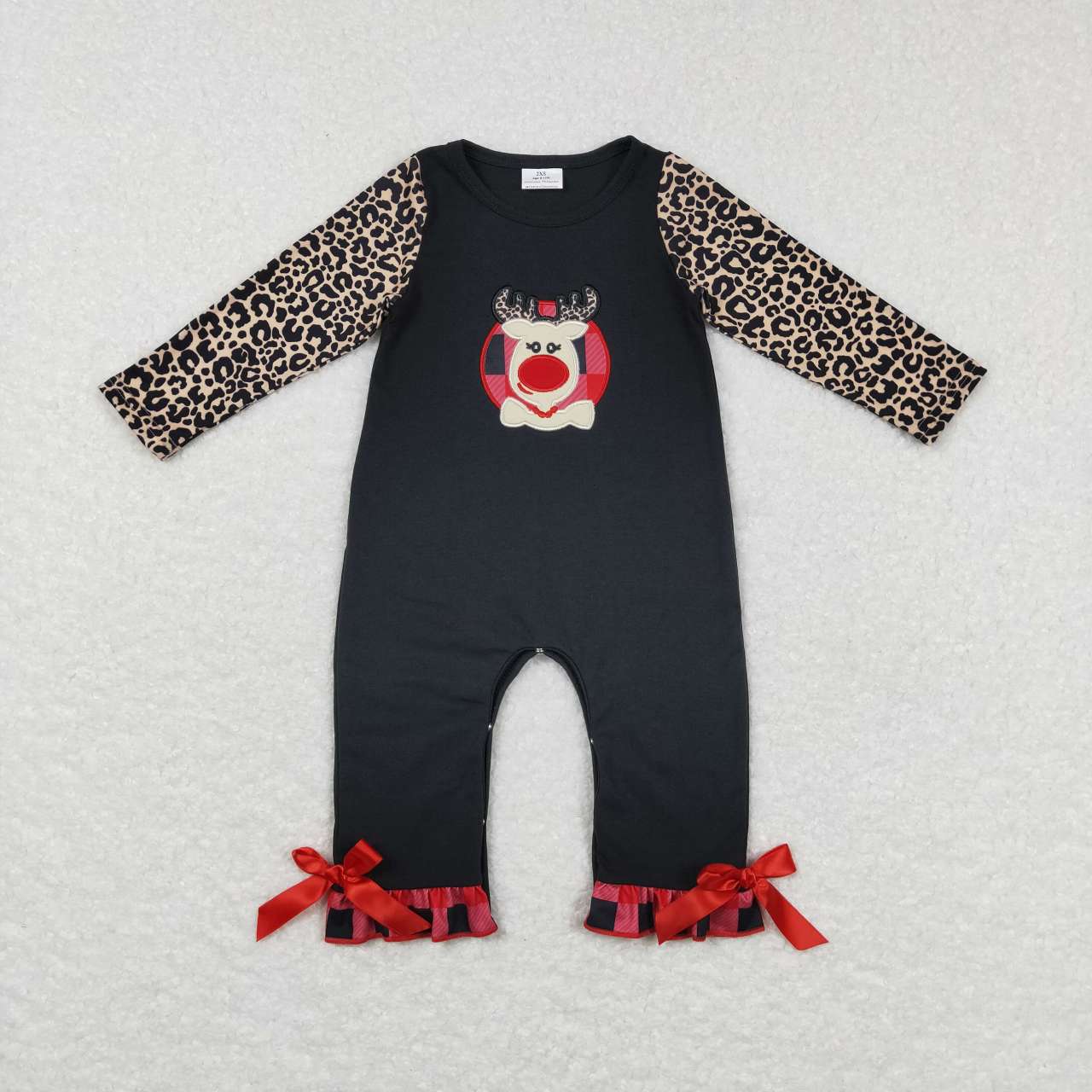 LR0730 Deer Embroidery Print Baby Girls Christmas Romper