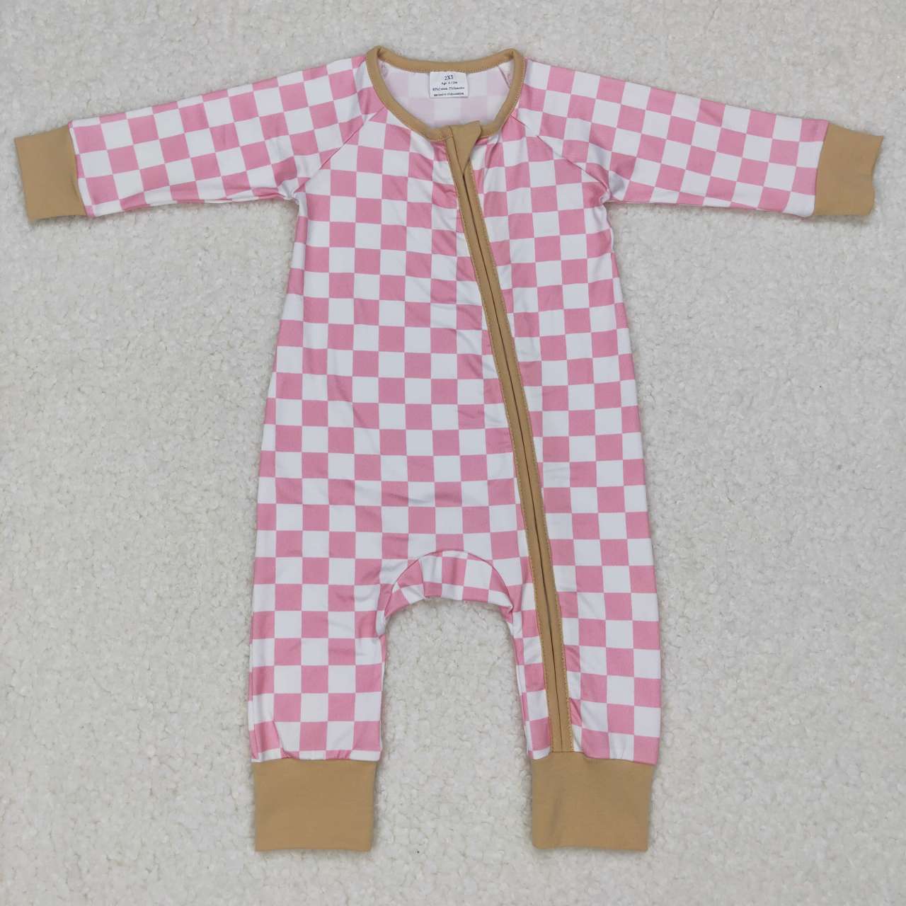 LR0731 Pink Plaid Print Baby Girls Zipper Sleeper Romper