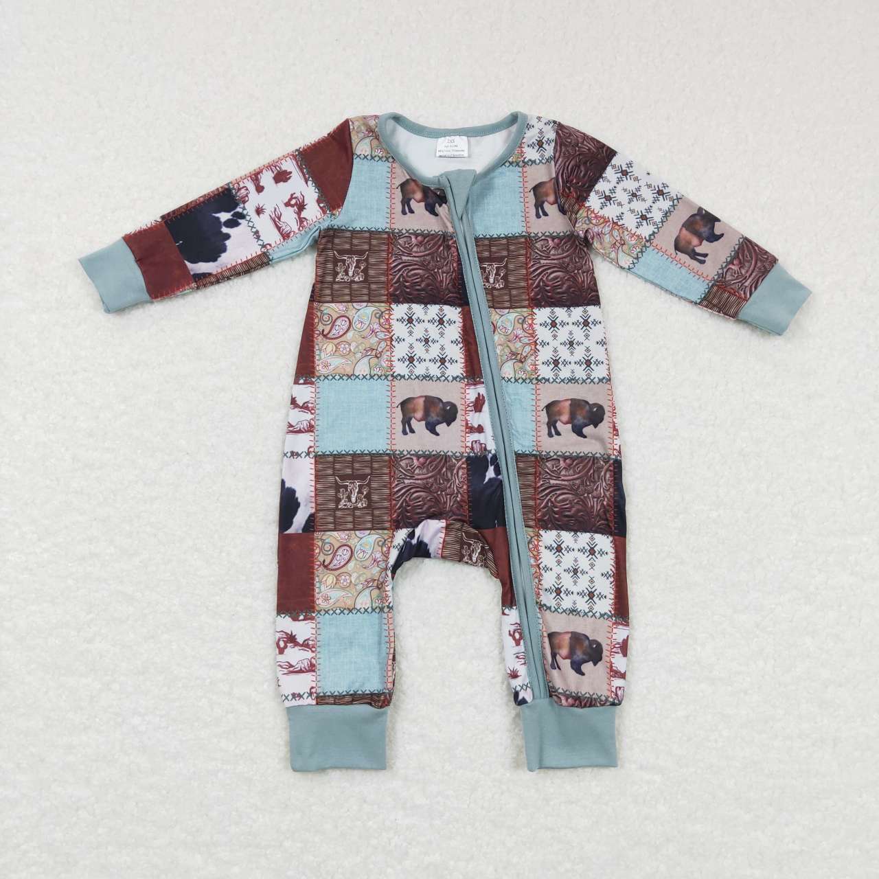 LR0734 Cow Aztec Paisley Print Baby Western Sleeper Zipper Romper