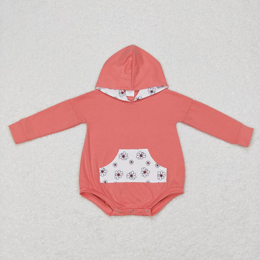 LR0758  Flowers Print Baby Girls Pocket Hoodie Romper