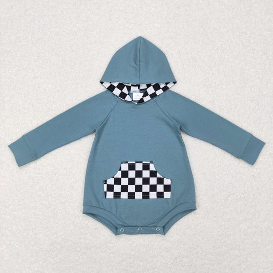 LR0759  Blue And Plaid Print Baby Boys Hoodie Romper