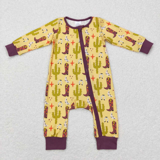LR0766 Boots Cactus Print Baby Western Sleeper Zipper Romper