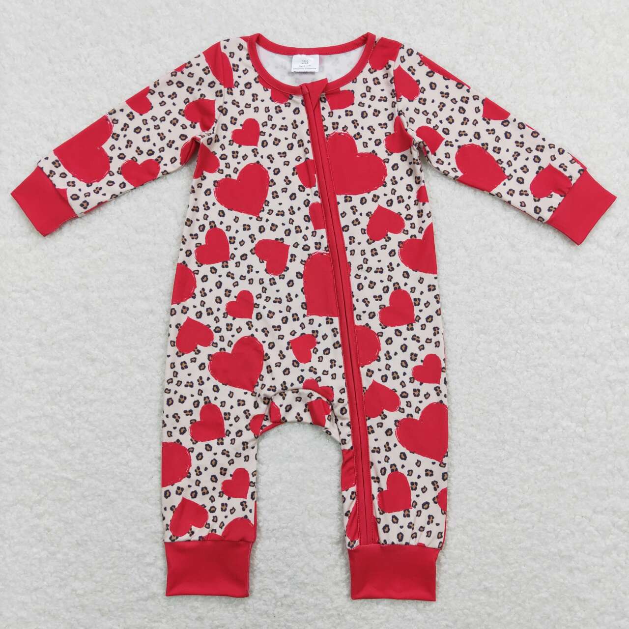LR0775 Red Heart Leopard Print Baby Girls Valentine's Day Zipper Romper
