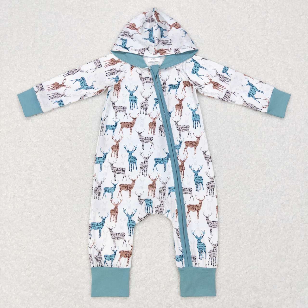LR0776 Deer Print Baby Kids Hoodie Zipper Romper