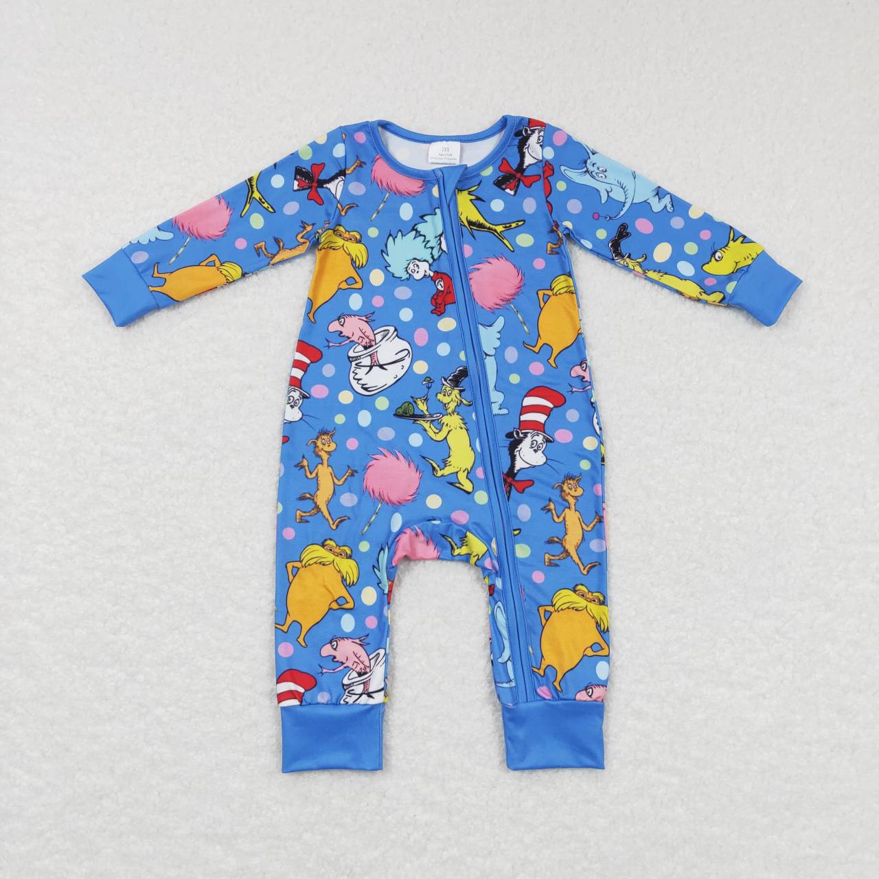 LR0784 Blue Cartoon Cat Dr. Reading Print Baby Sleeper Zipper Romper