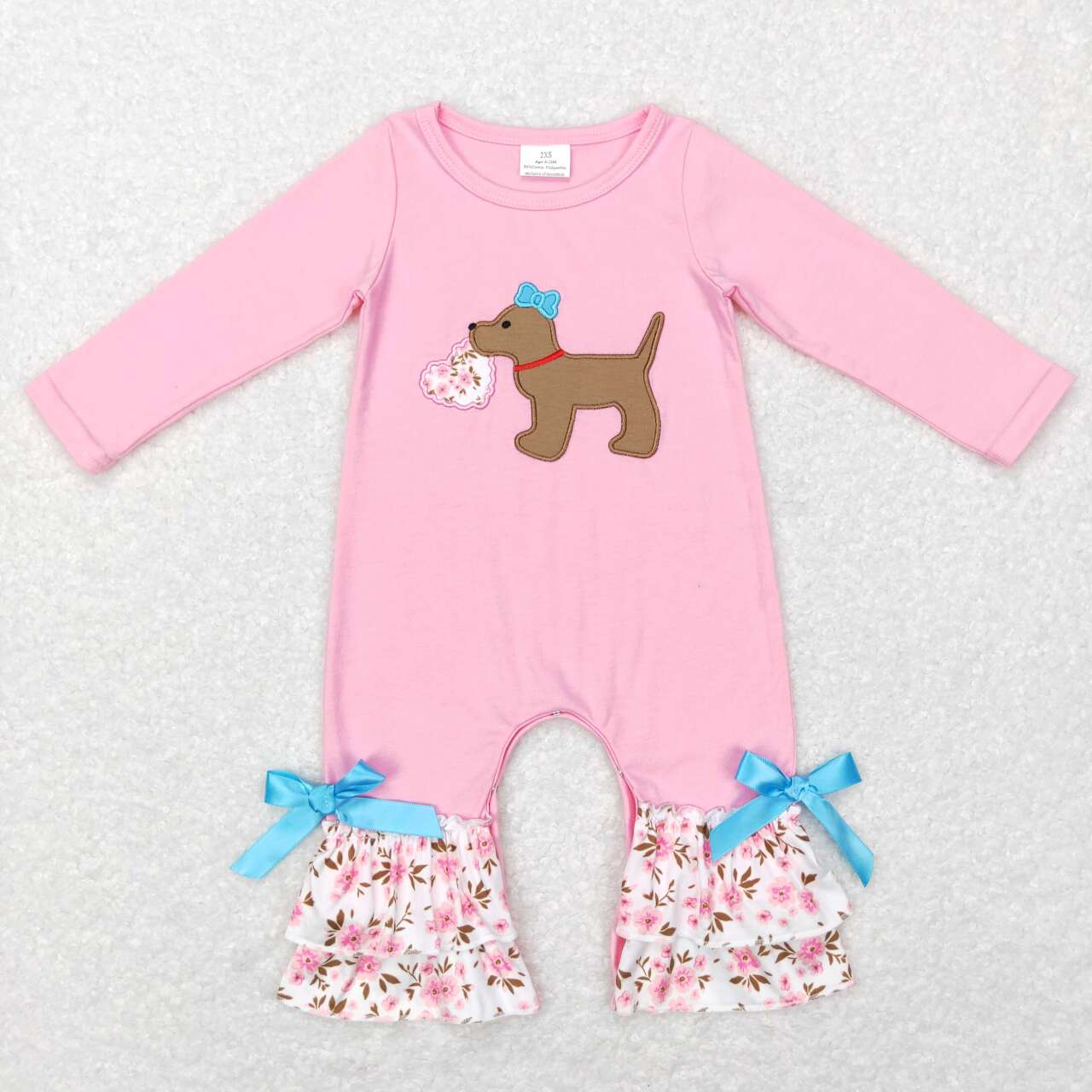 LR0789 Pink Flowers Heart Dog Embroidery Print Baby Girls Valentine's Romper
