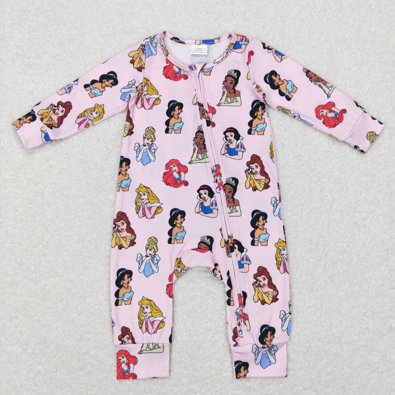 LR0800 Pink Cartoon Princess Print Baby Girls Sleeper Zipper Romper