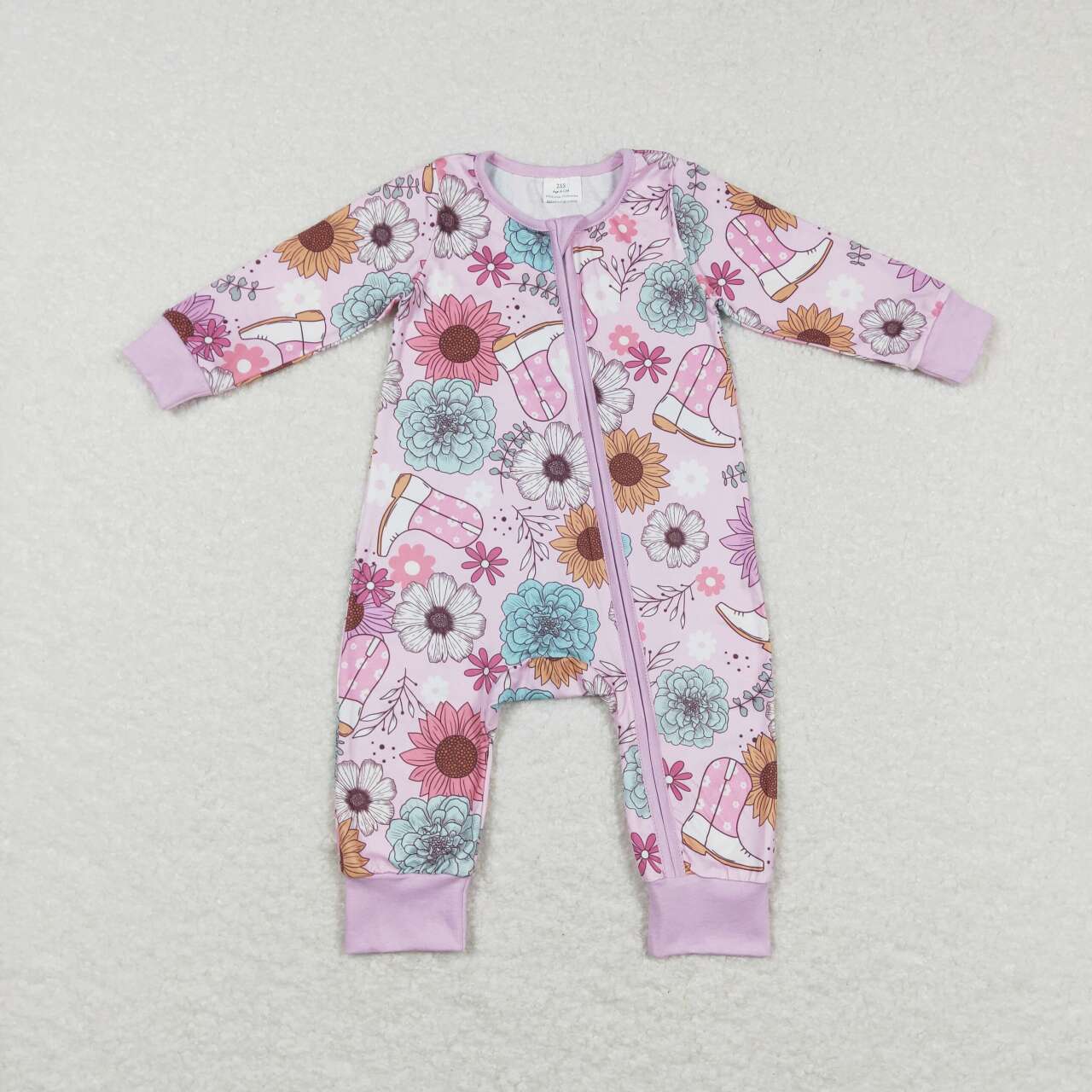 LR0801 Boots Flowers Print Baby Girls Sleeper Western Zipper Romper