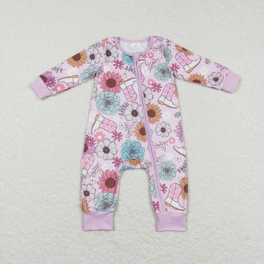 LR0801 Boots Flowers Print Baby Girls Sleeper Western Zipper Romper
