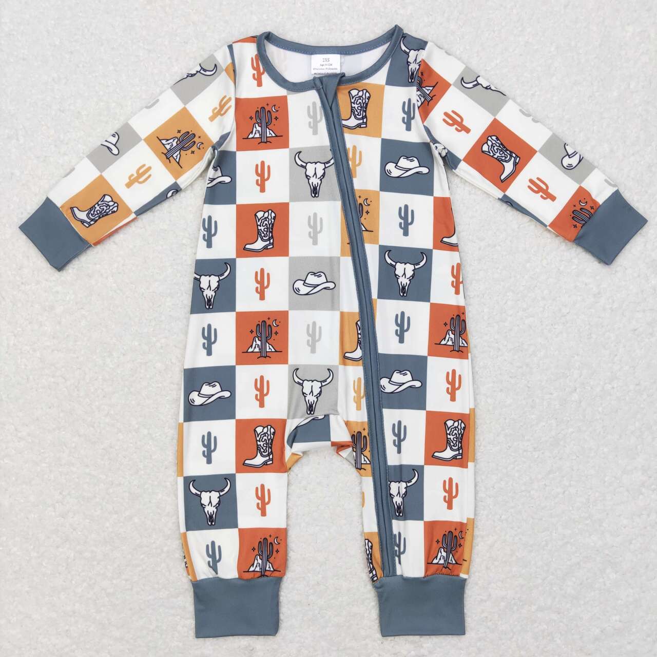 USA-Shop LR0803 Cow Skull Boots Hat Print Baby Boys Sleeper Zipper Romper