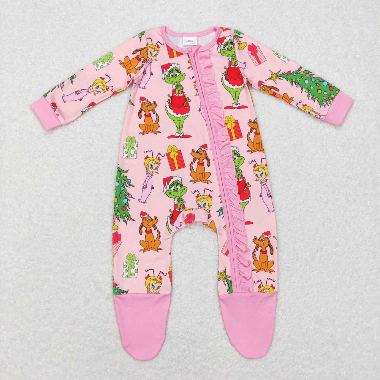 LR0806 Pink Christmas Frog Print Baby Girls Sleeper Zipper Footed Romper